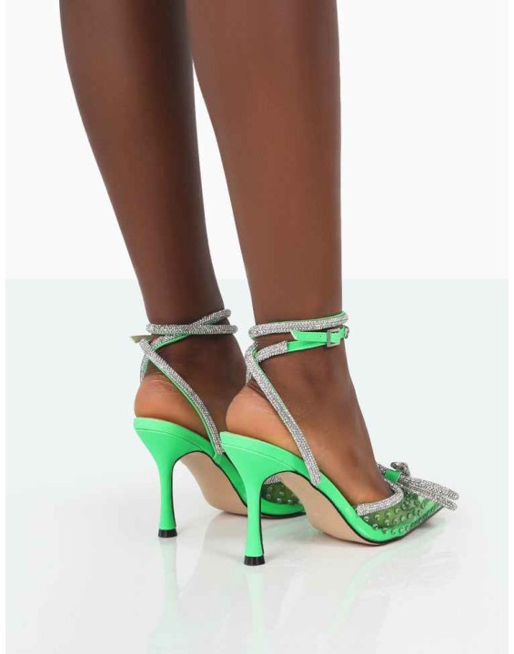 Azealia Neon Green Sparkly Diamante Wrap Around Bow Pointed Toe Court Heels