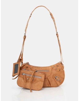 The Trackstar Tan Suede Studded Mirror Zip Detail Handbag