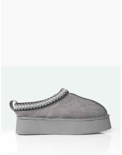 Vixon Charcoal Grey Faux Suede Embroidered Slipper Platform Boots