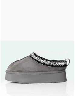 Vixon Charcoal Grey Faux Suede Embroidered Slipper Platform Boots
