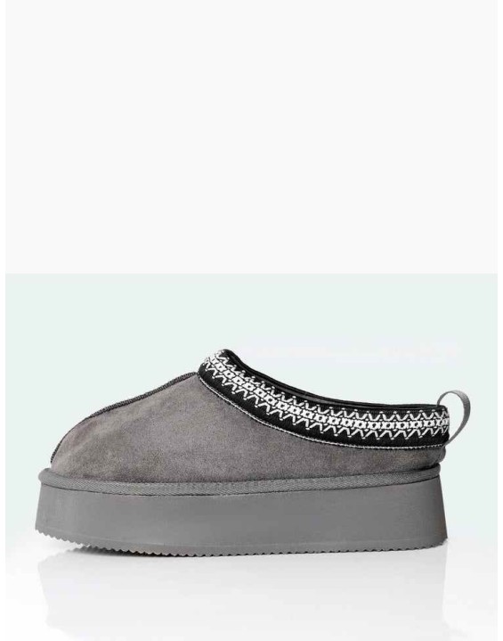 Vixon Charcoal Grey Faux Suede Embroidered Slipper Platform Boots