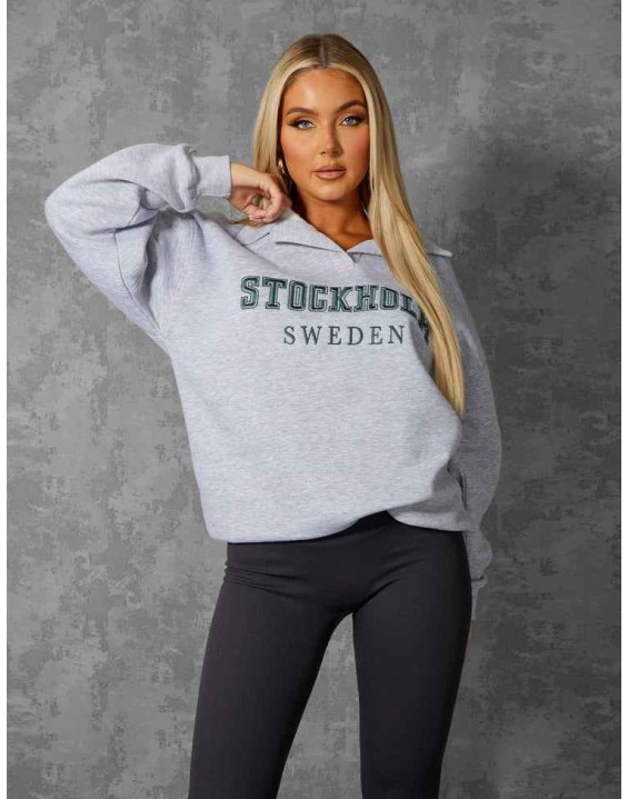 OVERSIZED STOCKHOLM SLOGAN RUGBY SWEATSHIRT GREY MARL