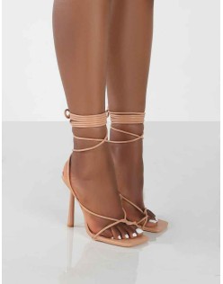 Lacey Wide Fit Nude PU Square Toe Strappy Lace Up Stiletto Heels