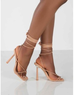 Lacey Wide Fit Nude PU Square Toe Strappy Lace Up Stiletto Heels