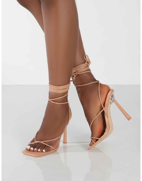 Lacey Wide Fit Nude PU Square Toe Strappy Lace Up Stiletto Heels