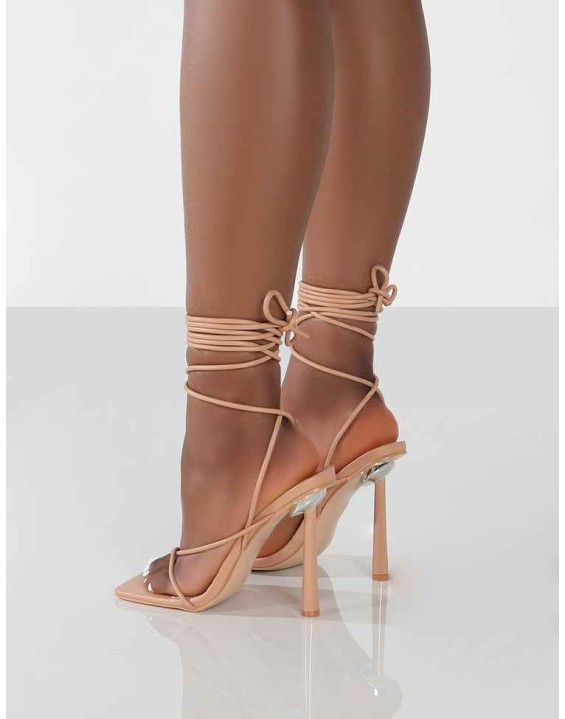 Lacey Wide Fit Nude PU Square Toe Strappy Lace Up Stiletto Heels