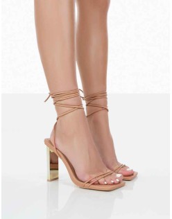 Either Way Wide Fit Nude Patent Pu Square Toe Lace Up Thin Block Heels