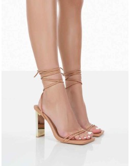 Either Way Wide Fit Nude Patent Pu Square Toe Lace Up Thin Block Heels