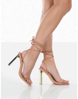 Either Way Wide Fit Nude Patent Pu Square Toe Lace Up Thin Block Heels