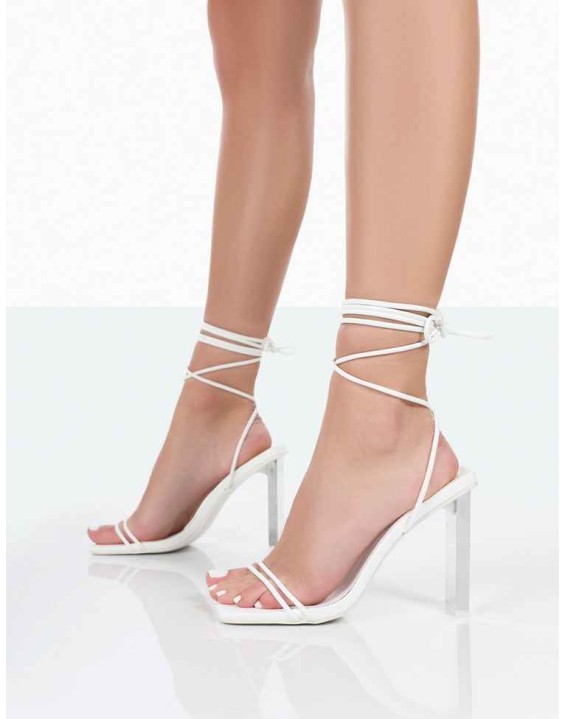Either Way Wide Fit White Pu Square Toe Lace Up Thin Block Heels