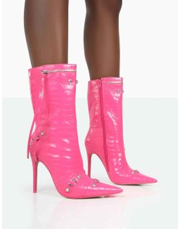 Kulture Pink Croc Pointed Toe Zip Detail Ankle Boots