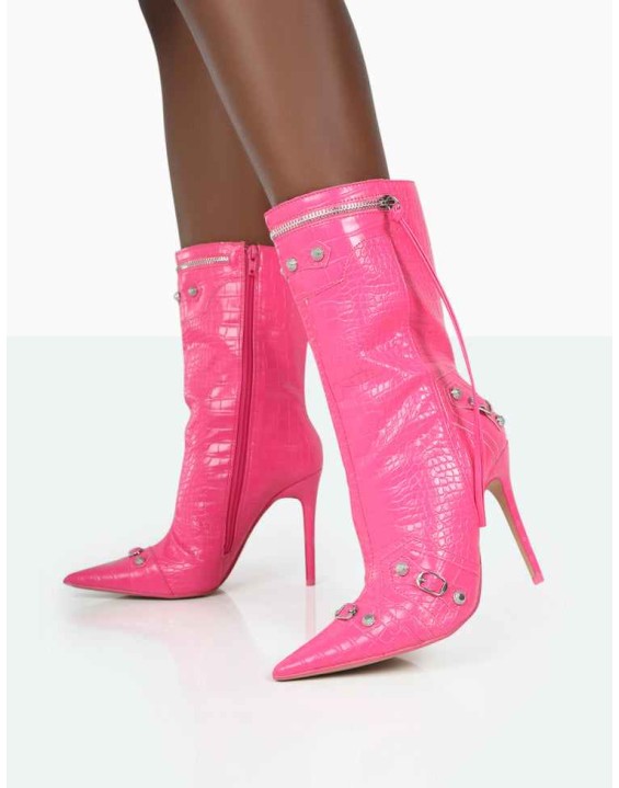 Kulture Pink Croc Pointed Toe Zip Detail Ankle Boots