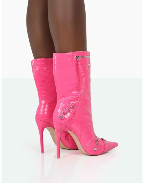 Kulture Pink Croc Pointed Toe Zip Detail Ankle Boots
