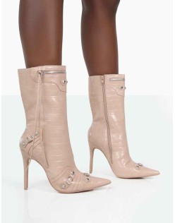 Kulture Nude Croc Pointed Toe Zip Detail Ankle Boots
