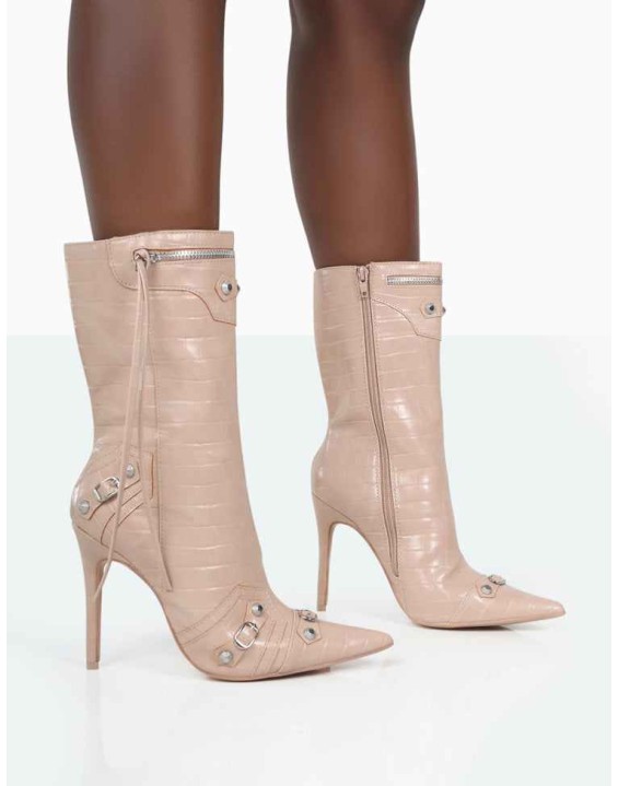 Kulture Nude Croc Pointed Toe Zip Detail Ankle Boots