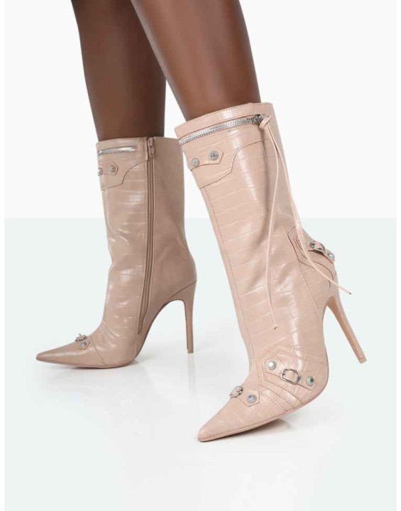 Kulture Nude Croc Pointed Toe Zip Detail Ankle Boots