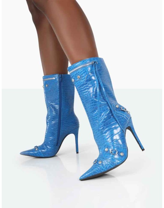 Kulture Blue Croc Pointed Toe Zip Detail Ankle Boots