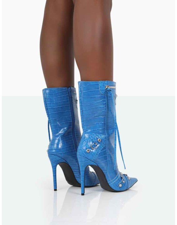 Kulture Blue Croc Pointed Toe Zip Detail Ankle Boots