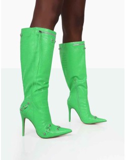 Davina Lime Green Croc Pointed Toe Zip Detail Knee High Boots