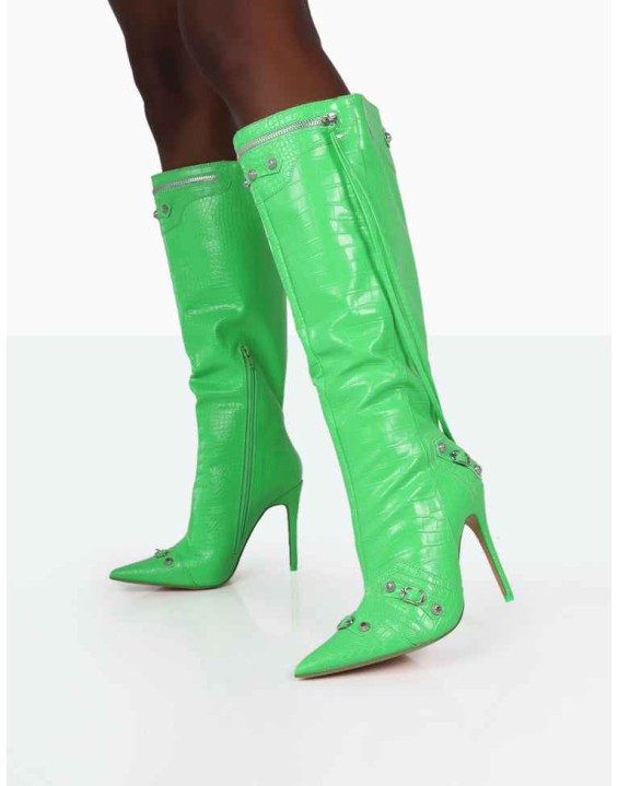 Davina Lime Green Croc Pointed Toe Zip Detail Knee High Boots