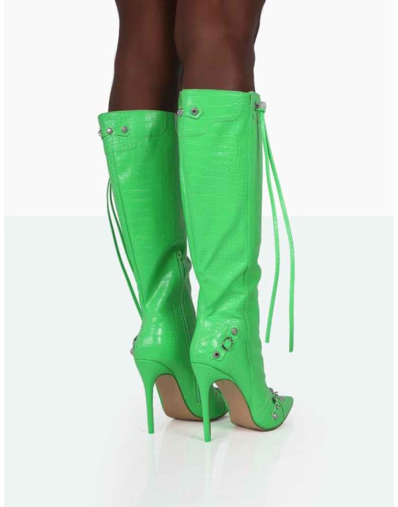 Davina Lime Green Croc Pointed Toe Zip Detail Knee High Boots