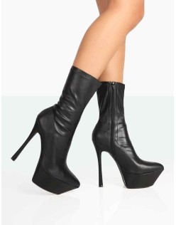 Vegas Black Grain Pointed Stiletto Platform Heeled Ankle Boots