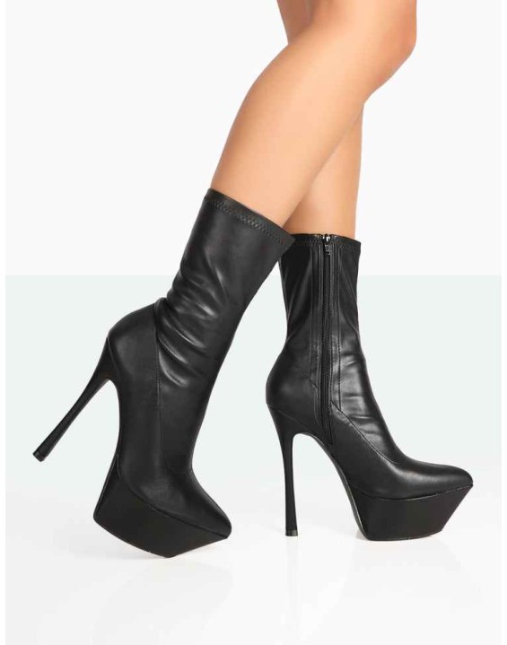 Vegas Black Grain Pointed Stiletto Platform Heeled Ankle Boots