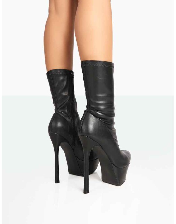 Vegas Black Grain Pointed Stiletto Platform Heeled Ankle Boots