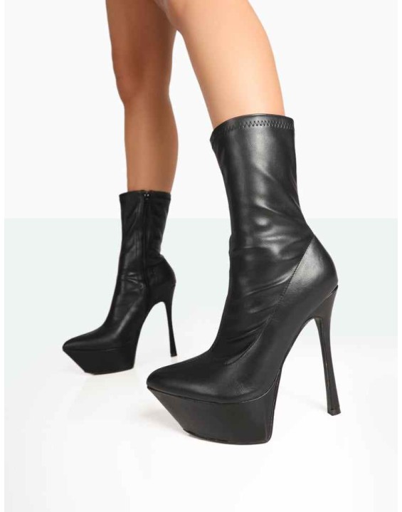 Vegas Black Grain Pointed Stiletto Platform Heeled Ankle Boots