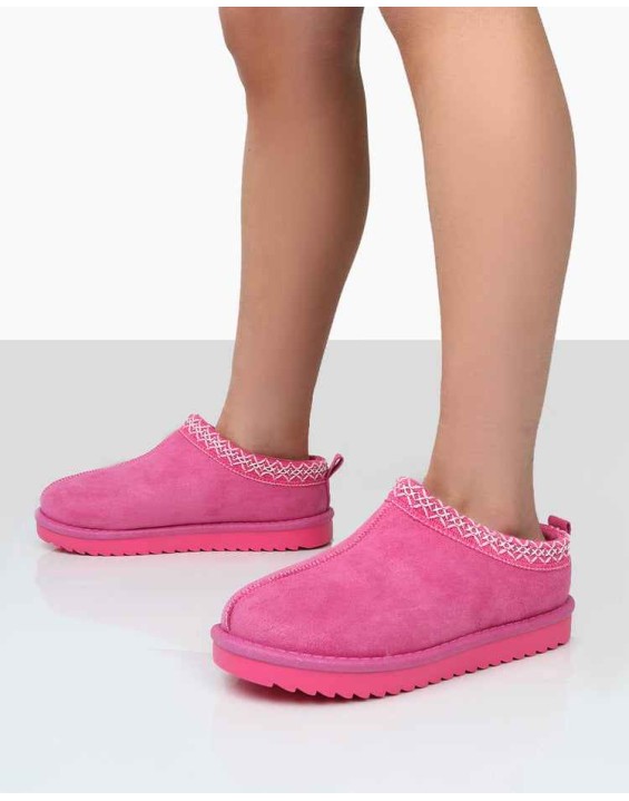 Tamsin Pink Faux Suede Embroidered Slipper Boots