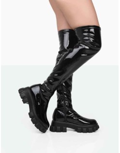 Take Chances Black Patent Chunky Sole Knee High Boots
