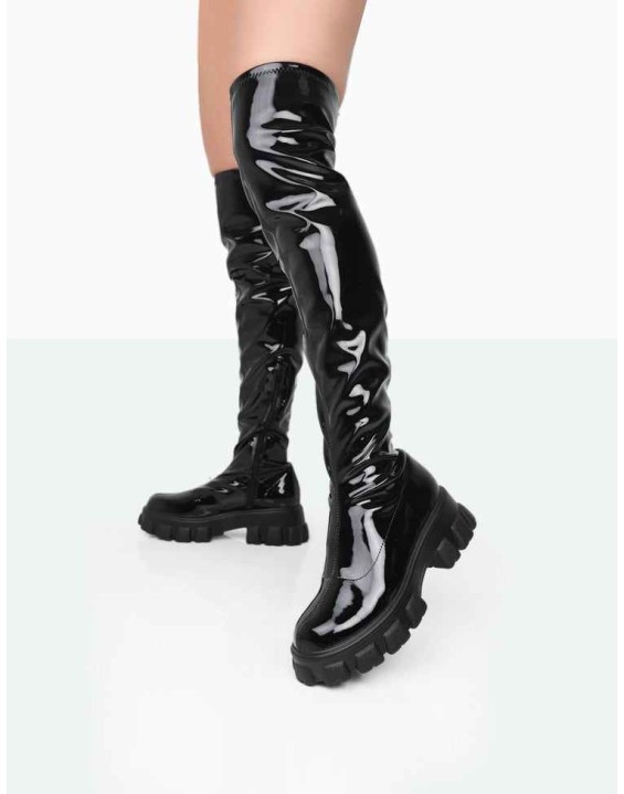 Take Chances Black Patent Chunky Sole Knee High Boots