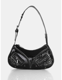 The Candice Zip Detailed Black Croc Shoulder Bag