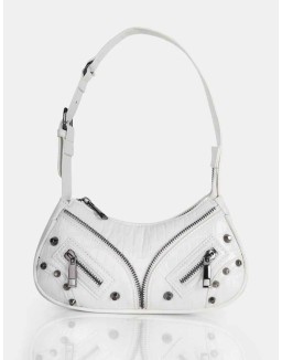 The Candice Zip Detailed White Croc Shoulder Bag