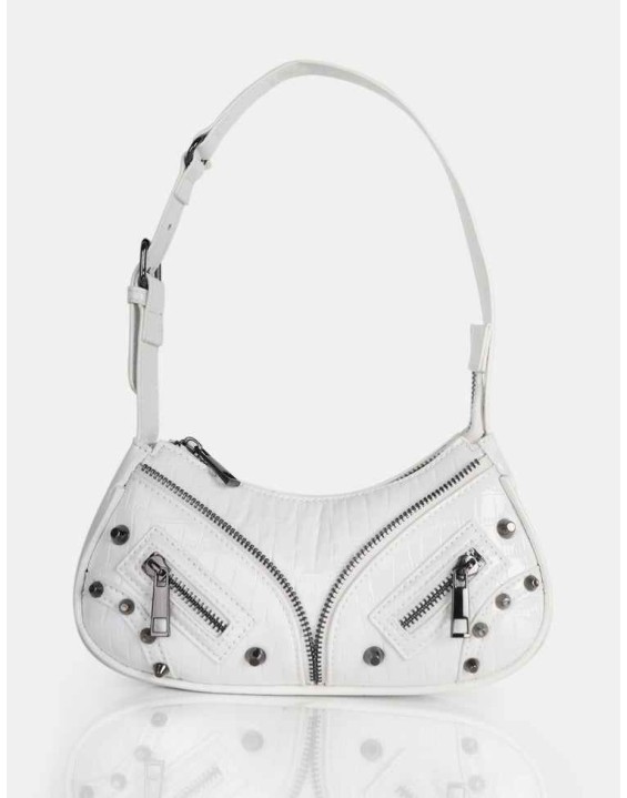 The Candice Zip Detailed White Croc Shoulder Bag