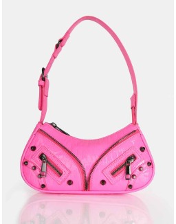 The Candice Zip Detailed Pink Croc Shoulder Bag
