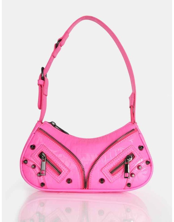 The Candice Zip Detailed Pink Croc Shoulder Bag