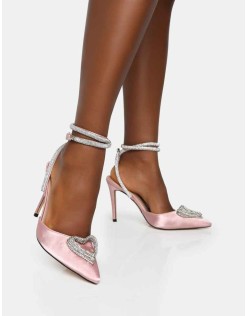 Cupid Baby Pink Satin Diamante Heart Wrap Around Pointed Toe Stiletto Heels