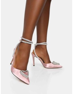 Cupid Baby Pink Satin Diamante Heart Wrap Around Pointed Toe Stiletto Heels