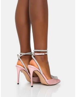 Cupid Baby Pink Satin Diamante Heart Wrap Around Pointed Toe Stiletto Heels