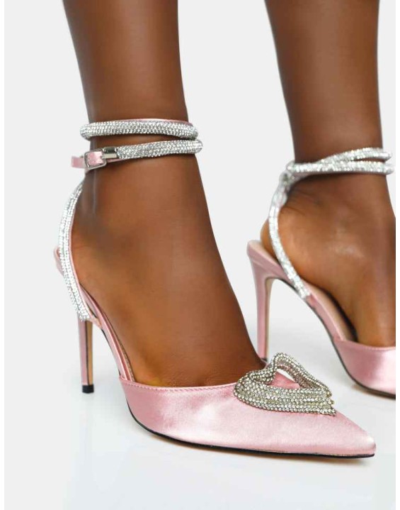Cupid Baby Pink Satin Diamante Heart Wrap Around Pointed Toe Stiletto Heels