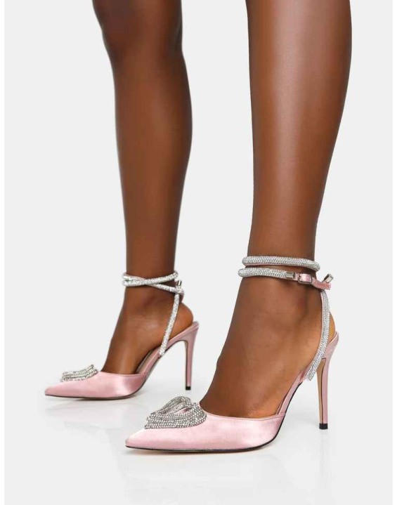 Cupid Baby Pink Satin Diamante Heart Wrap Around Pointed Toe Stiletto Heels