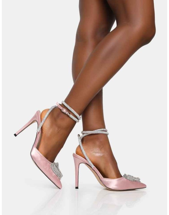 Cupid Baby Pink Satin Diamante Heart Wrap Around Pointed Toe Stiletto Heels