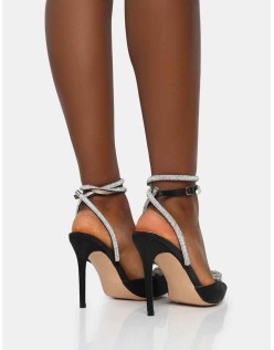 Cupid Black Satin Diamante Heart Wrap Around Pointed Toe Stiletto Heels
