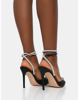 Cupid Black Satin Diamante Heart Wrap Around Pointed Toe Stiletto Heels