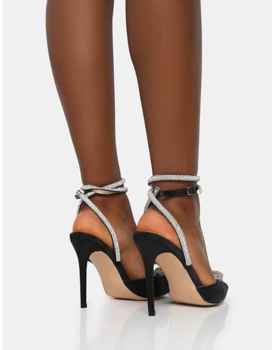 Cupid Black Satin Diamante Heart Wrap Around Pointed Toe Stiletto Heels