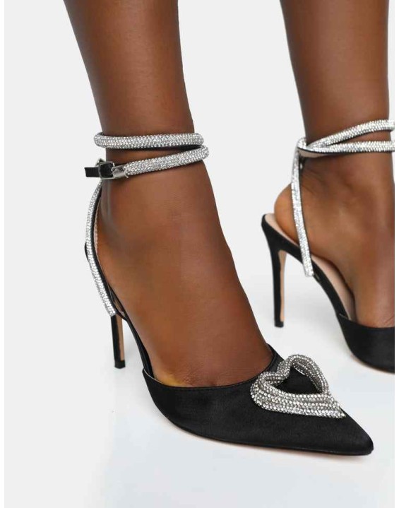 Cupid Black Satin Diamante Heart Wrap Around Pointed Toe Stiletto Heels