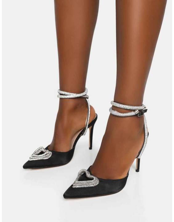Cupid Black Satin Diamante Heart Wrap Around Pointed Toe Stiletto Heels