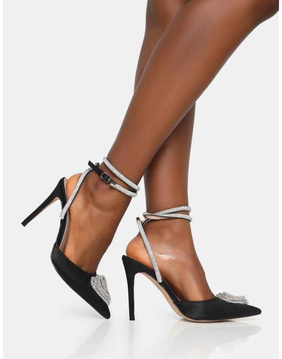 Cupid Black Satin Diamante Heart Wrap Around Pointed Toe Stiletto Heels