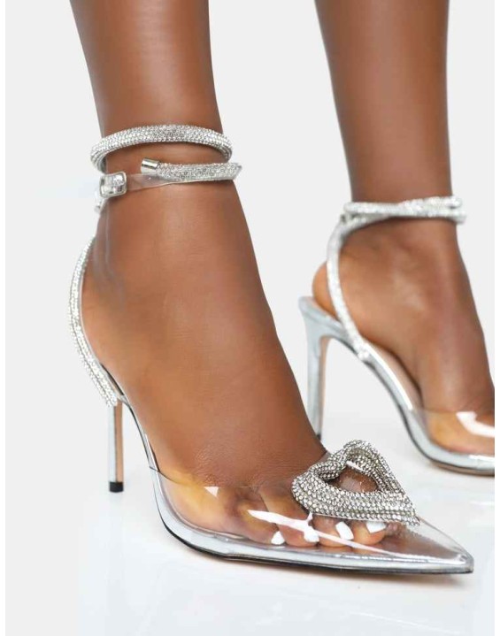 Cupid Silver Mirror Clear Perspex Heart Wrap Around Pointed Toe Stiletto Heels